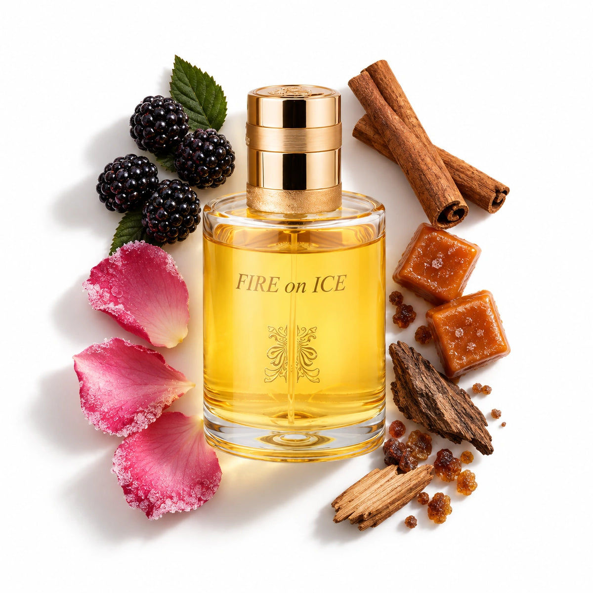 Lattafa Fire On Ice 110ml bottle with black raspberry, cinnamon, rose petals, caramel, oakwood, myrrh and cedarwood