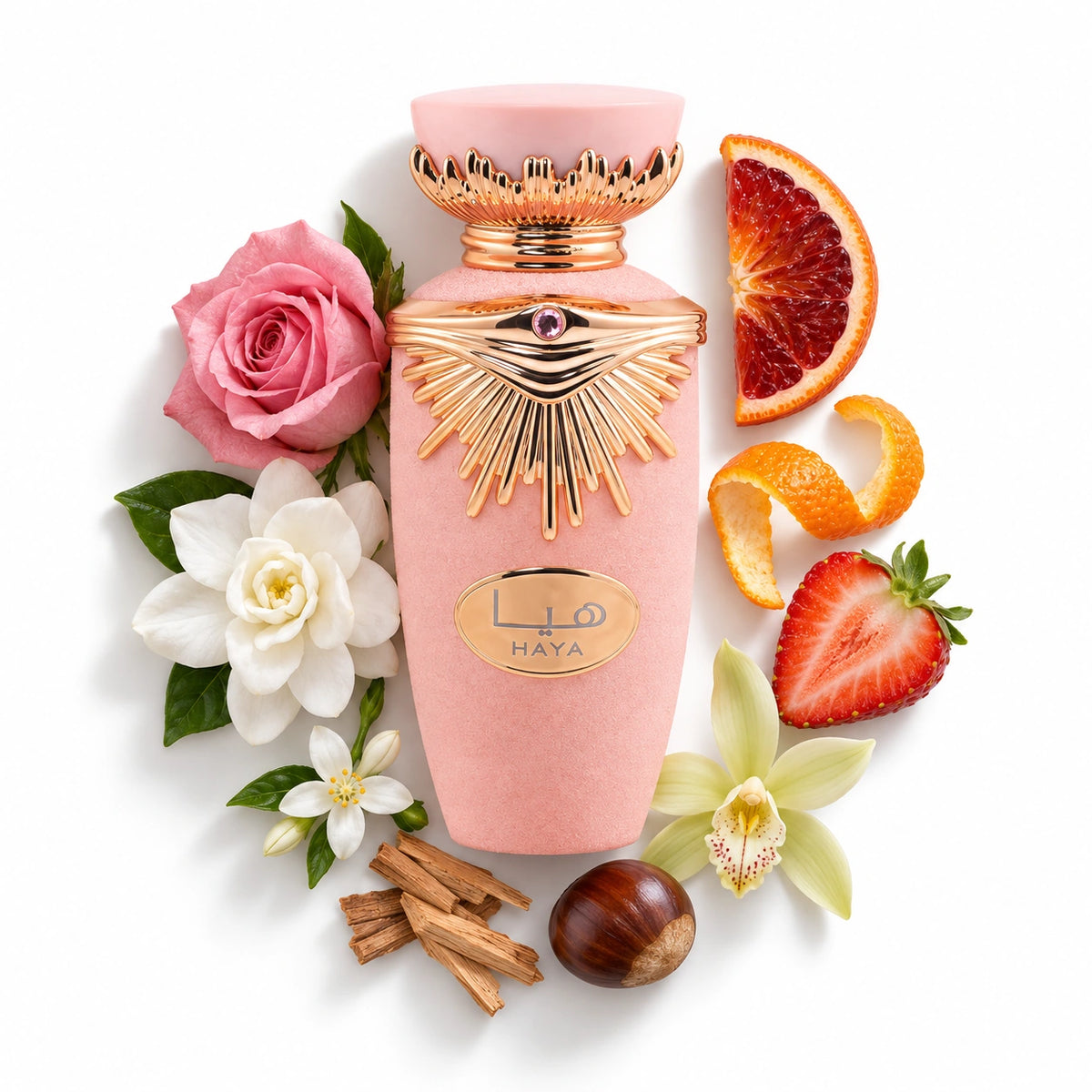 Lattafa Haya 100ml bottle with strawberry, tangerine, blood orange, rose, gardenia, jasmine, vanilla orchid, sandalwood and chestnut