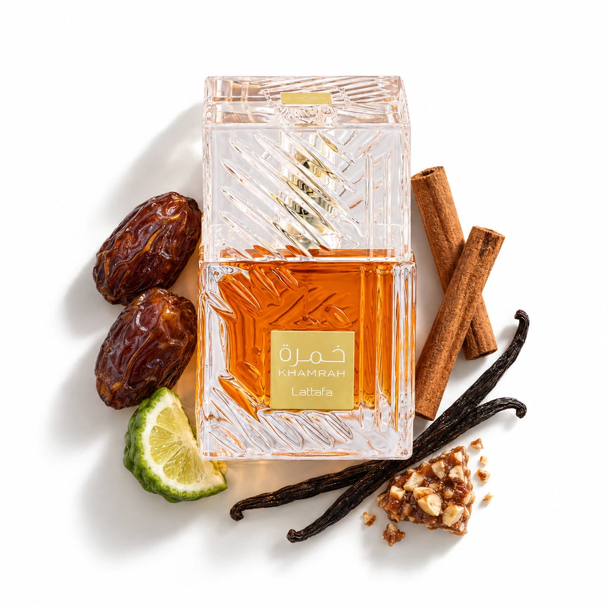 Lattafa Khamrah 100ml bottle with cinnamon, dates, praline, vanilla and bergamot