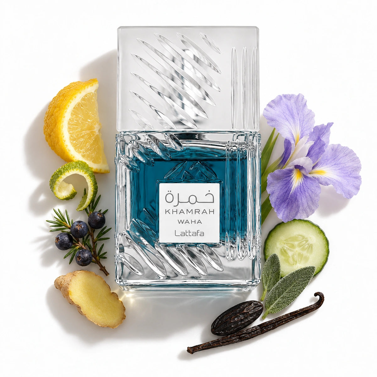 Lattafa Khamrah Waha 100ml bottle with bergamot, juniper, yuzu, ginger, iris, cucumber, sage, tonka bean and vanilla