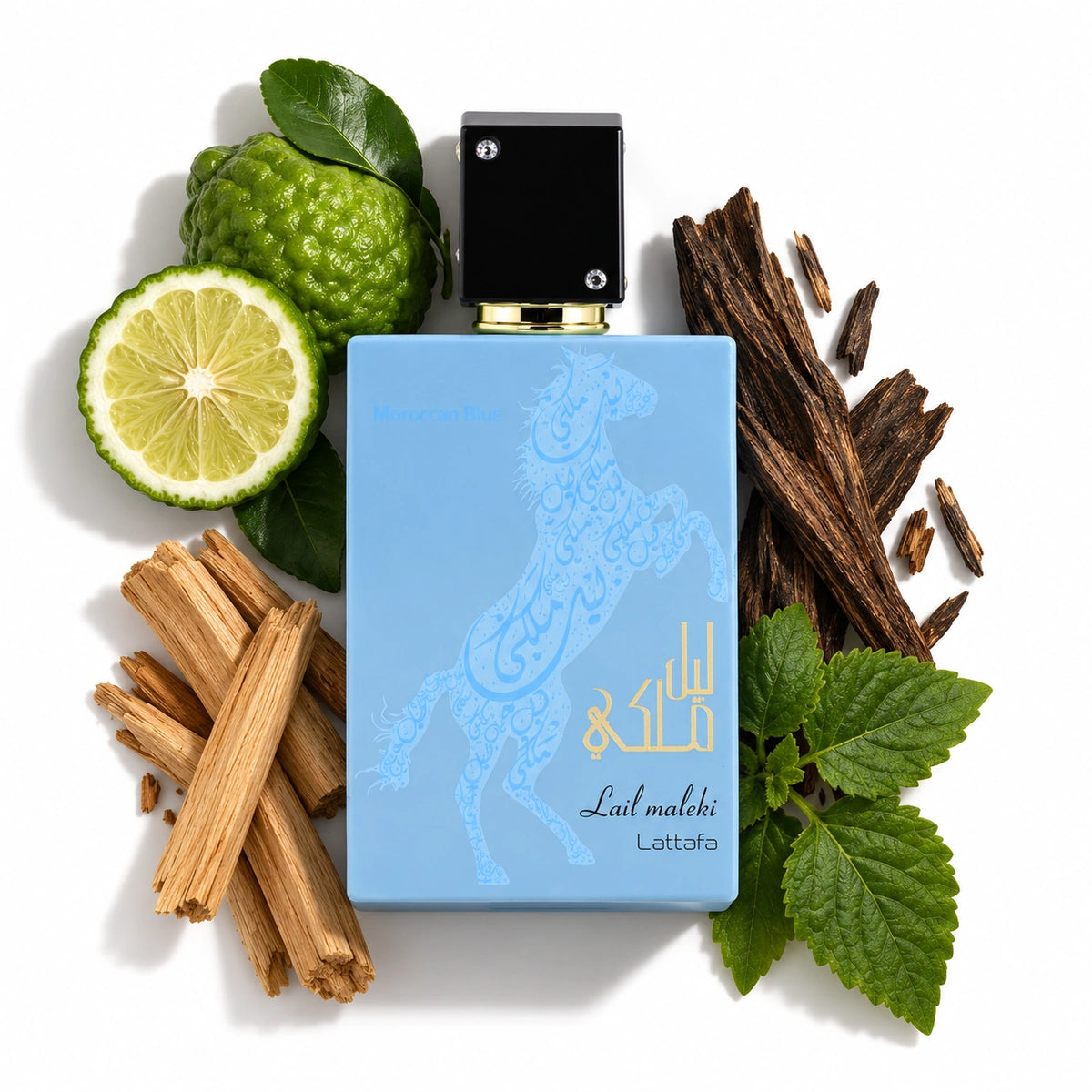 Lattafa Lail Maleki Moroccan Blue 100ml bottle with bergamot, sandalwood, patchouli and agarwood