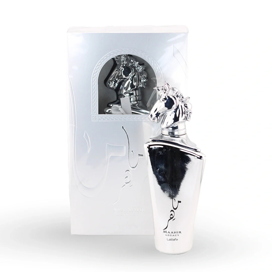 Lattafa Maahir Legacy Silver Eau de Parfum bottle with its box – unisex perfume, notes of juniper berry, oakmoss and lavender