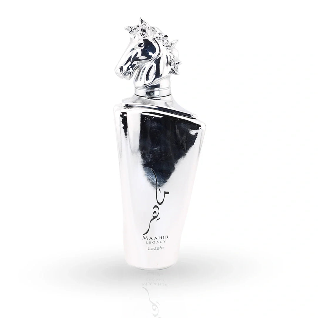 Lattafa Maahir Legacy Silver Eau de Parfum bottle – unisex perfume, notes of rosemary, vetiver and grapefruit