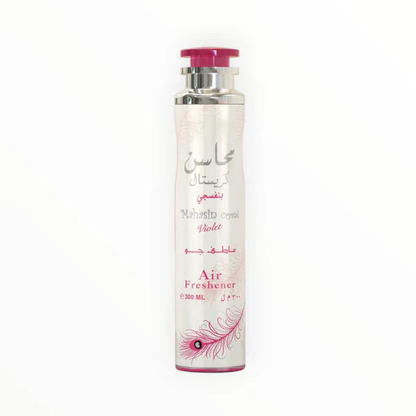 Lattafa Mahasin Crystal Violet Air Freshener 300ml – fruity floral woody room fragrance, notes of musk, nectarine and sandalwood