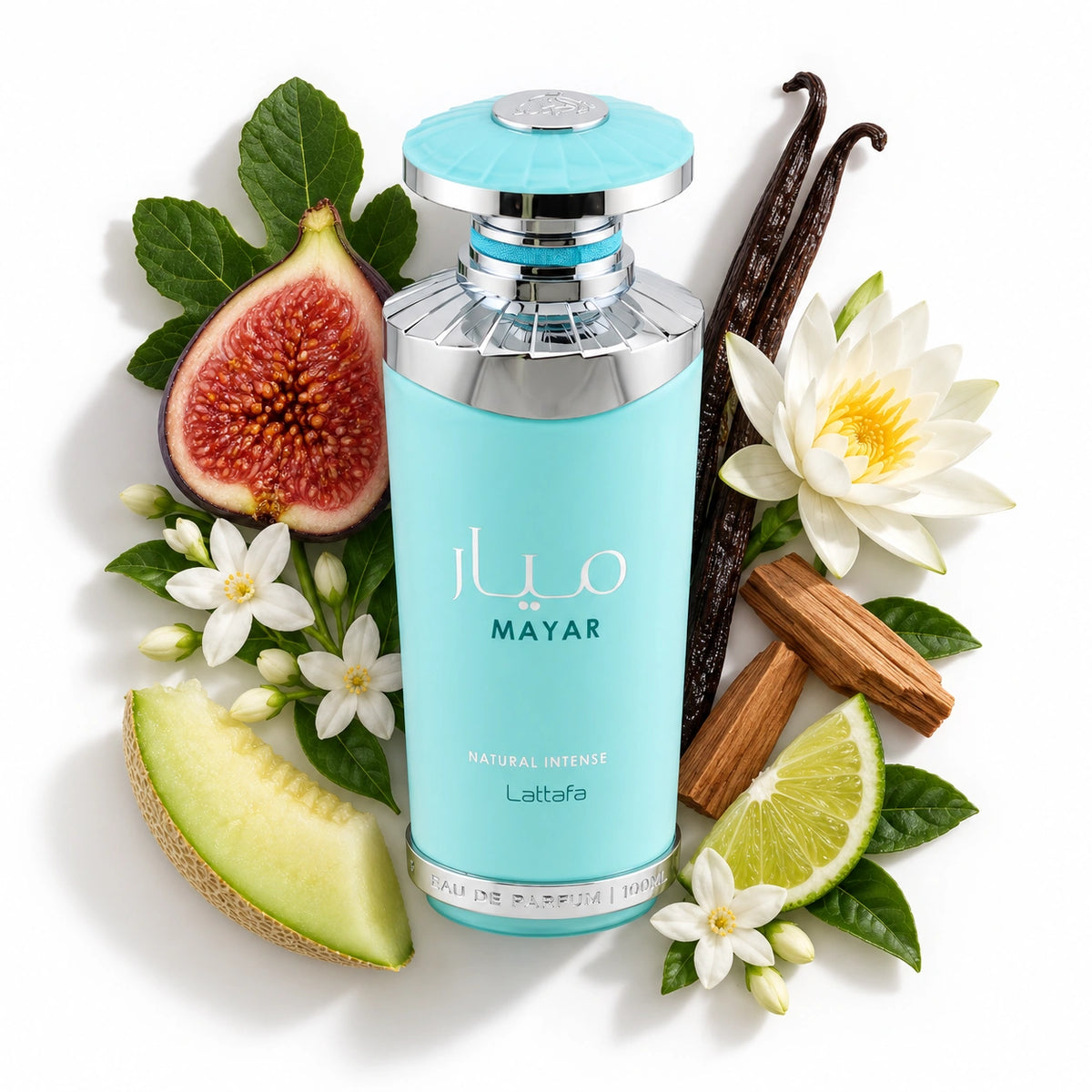 Lattafa Mayar Natural Intense 100ml bottle with fig, green tangerine, melon, water lily, jasmine, sandalwood and vanilla