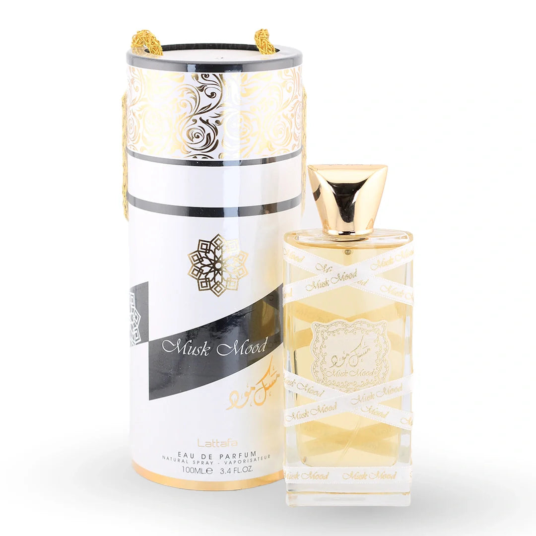 Lattafa Musk Mood Eau de Parfum 100ml bottle with its box – unisex musky perfume, notes of citrus, white musk and vanilla