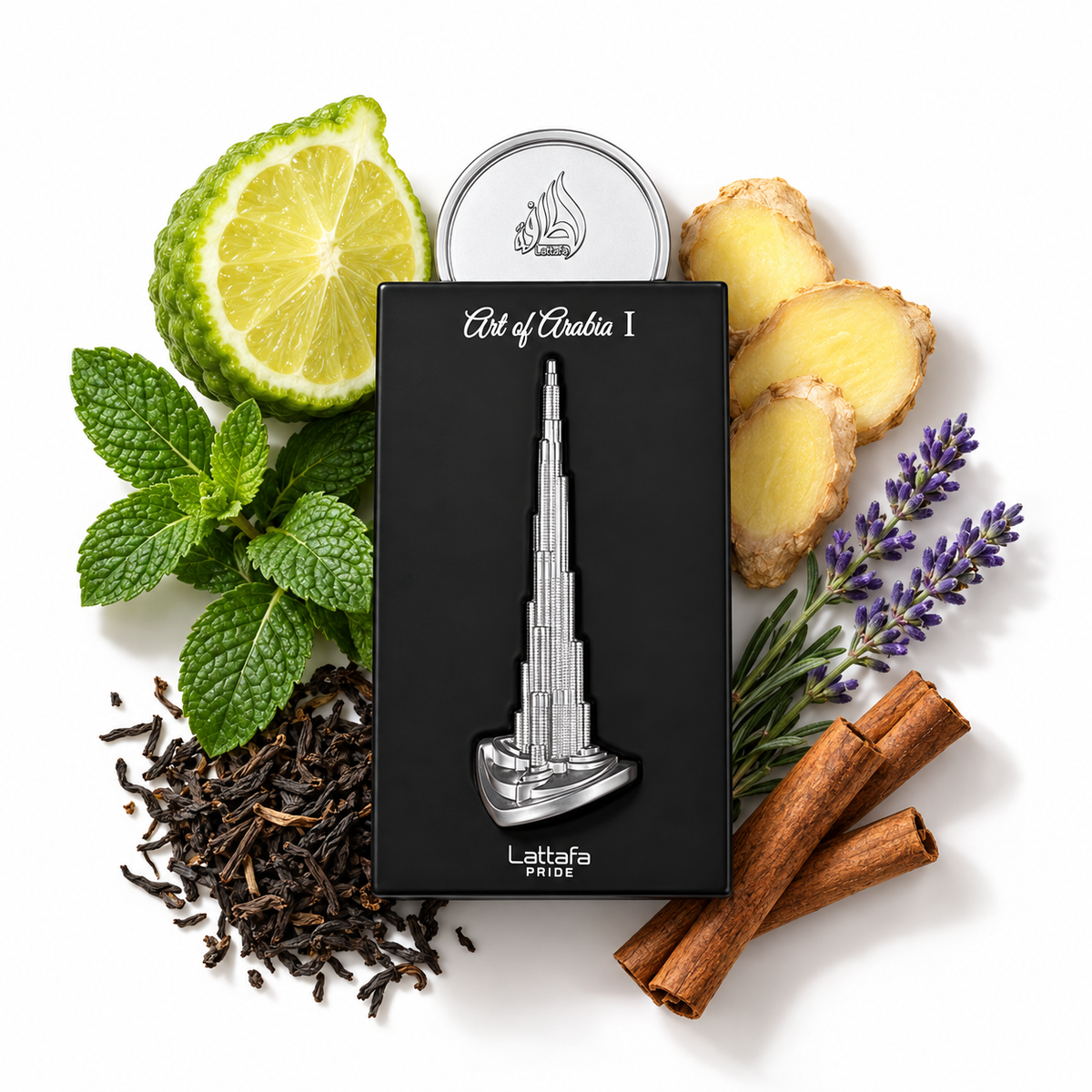 Lattafa Pride Art of Arabia I eau de parfum 100 ml with bergamot, mint, tea, ginger, lavender and cinnamon on white.