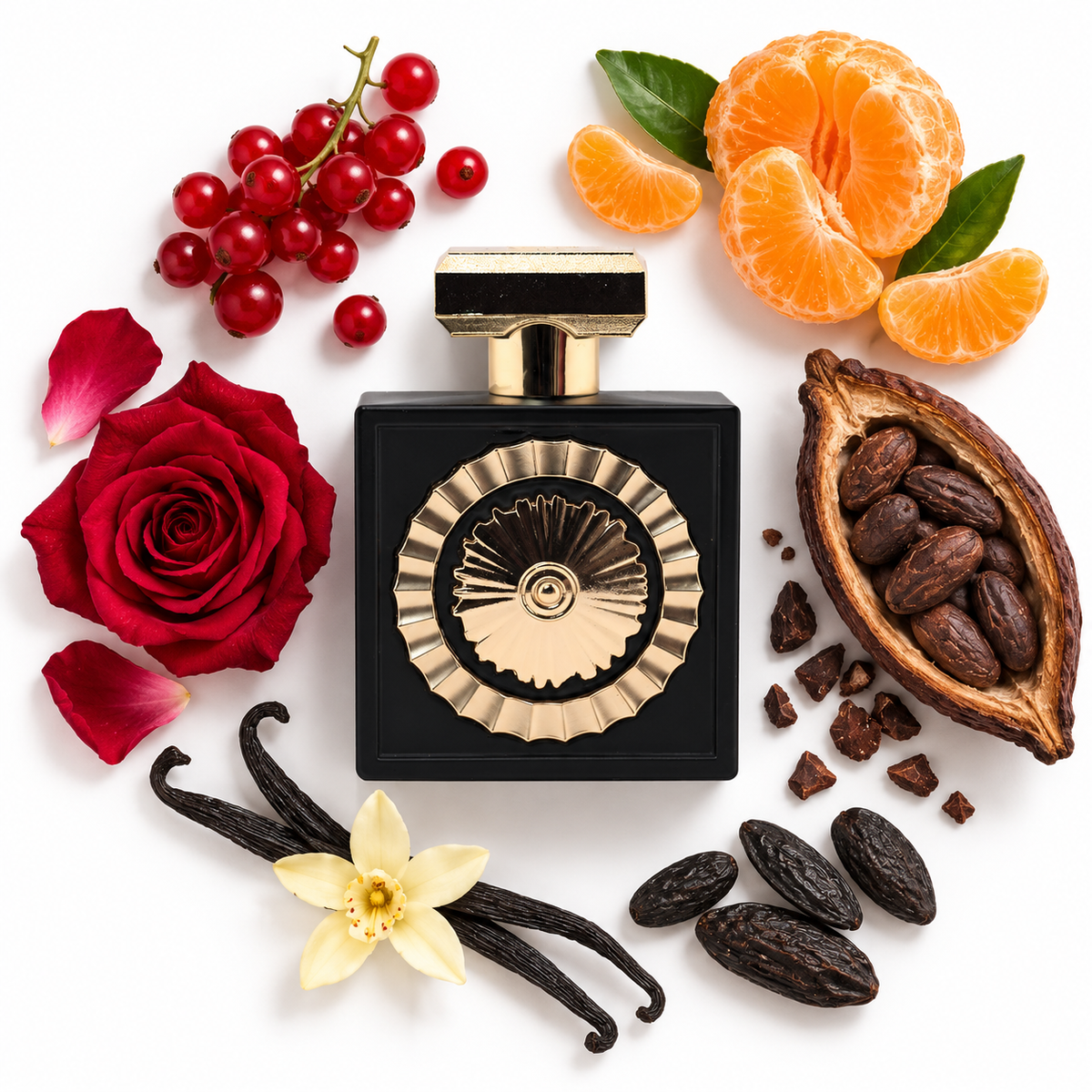 Lattafa Pride Nebras eau de parfum 100ml with red berries, mandarin, cacao, rose, vanilla and tonka scent-note props