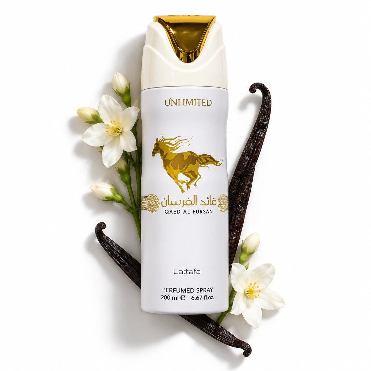 Lattafa Qaed Al Fursan Unlimited Body Spray 200ml bottle with jasmine and vanilla