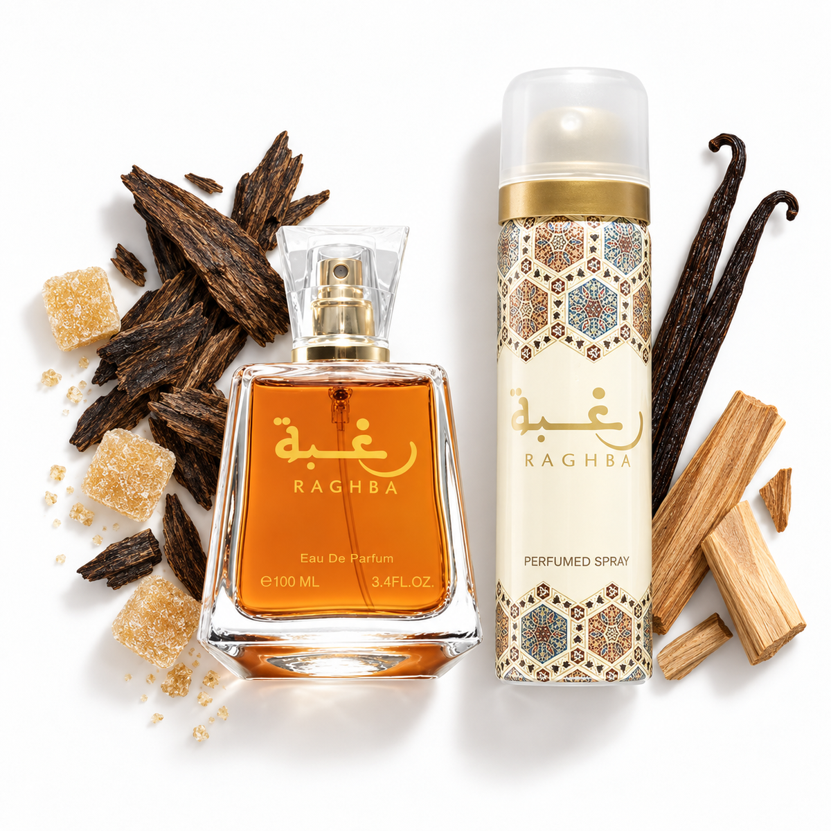 Lattafa Raghba gift set with 100ml eau de parfum and matching body spray, surrounded by sugar, vanilla and wood scent-note props.