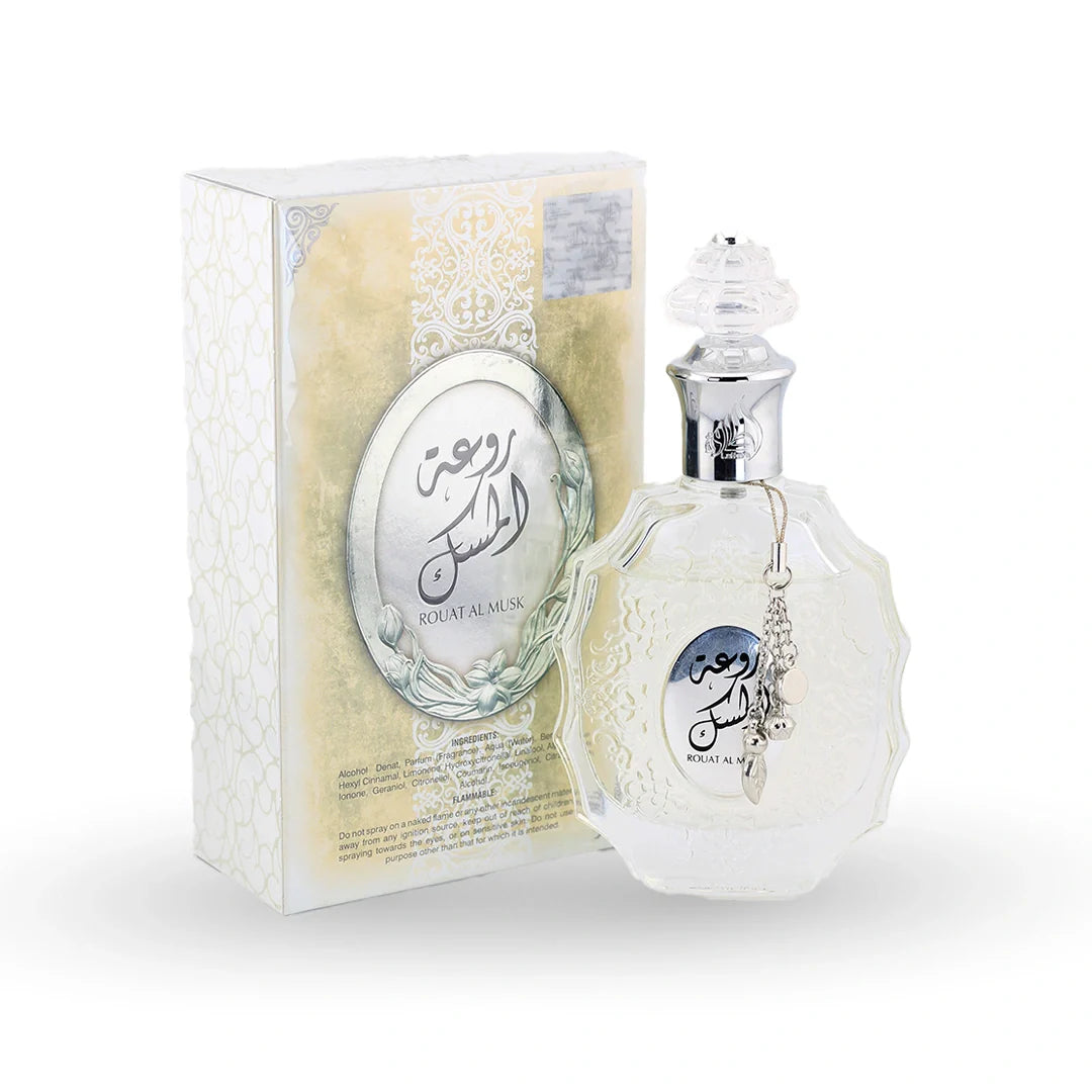 Lattafa Rouat Al Musk Eau de Parfum 100ml bottle with its box – unisex perfume, notes of orange blossom, white flowers and amber