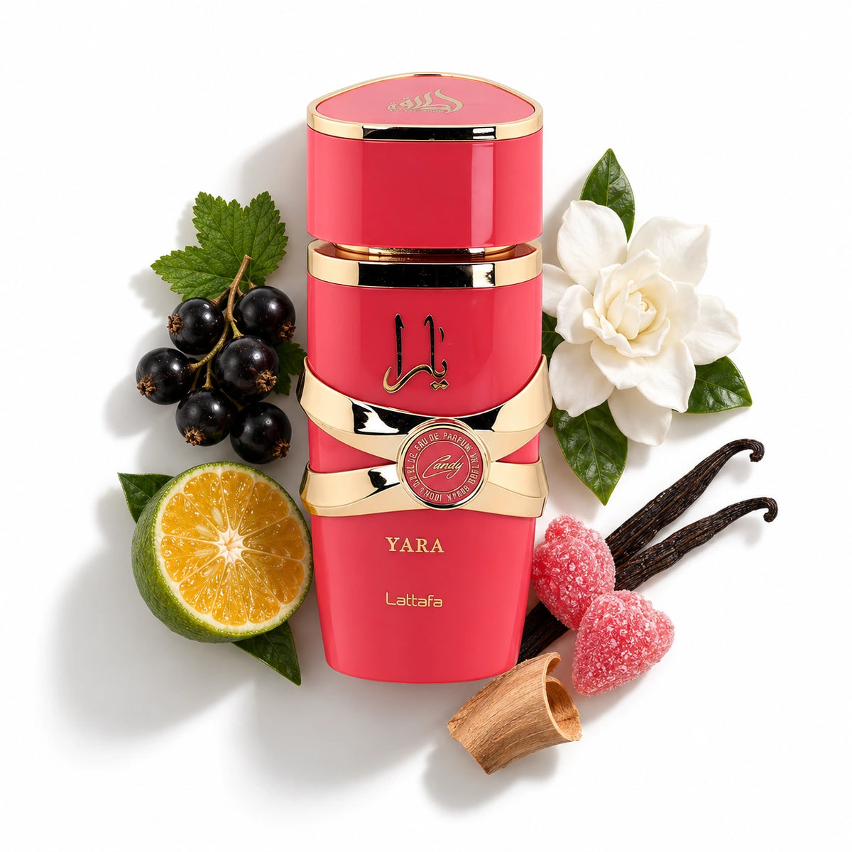 Lattafa Yara Candy Eau de Parfum 100ml bottle with blackcurrant, green tangerine, strawberry fizz candy, gardenia and vanilla – women's gourmand perfume, notes of musk, amber and sandalwood
