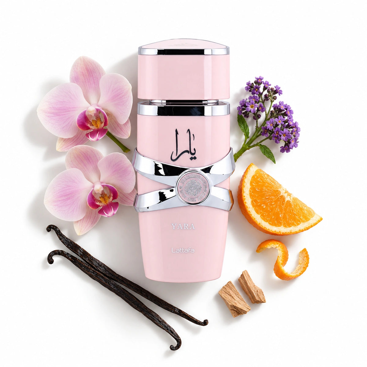 Lattafa Yara 100ml bottle with orchid, heliotrope, tangerine, vanilla and sandalwood