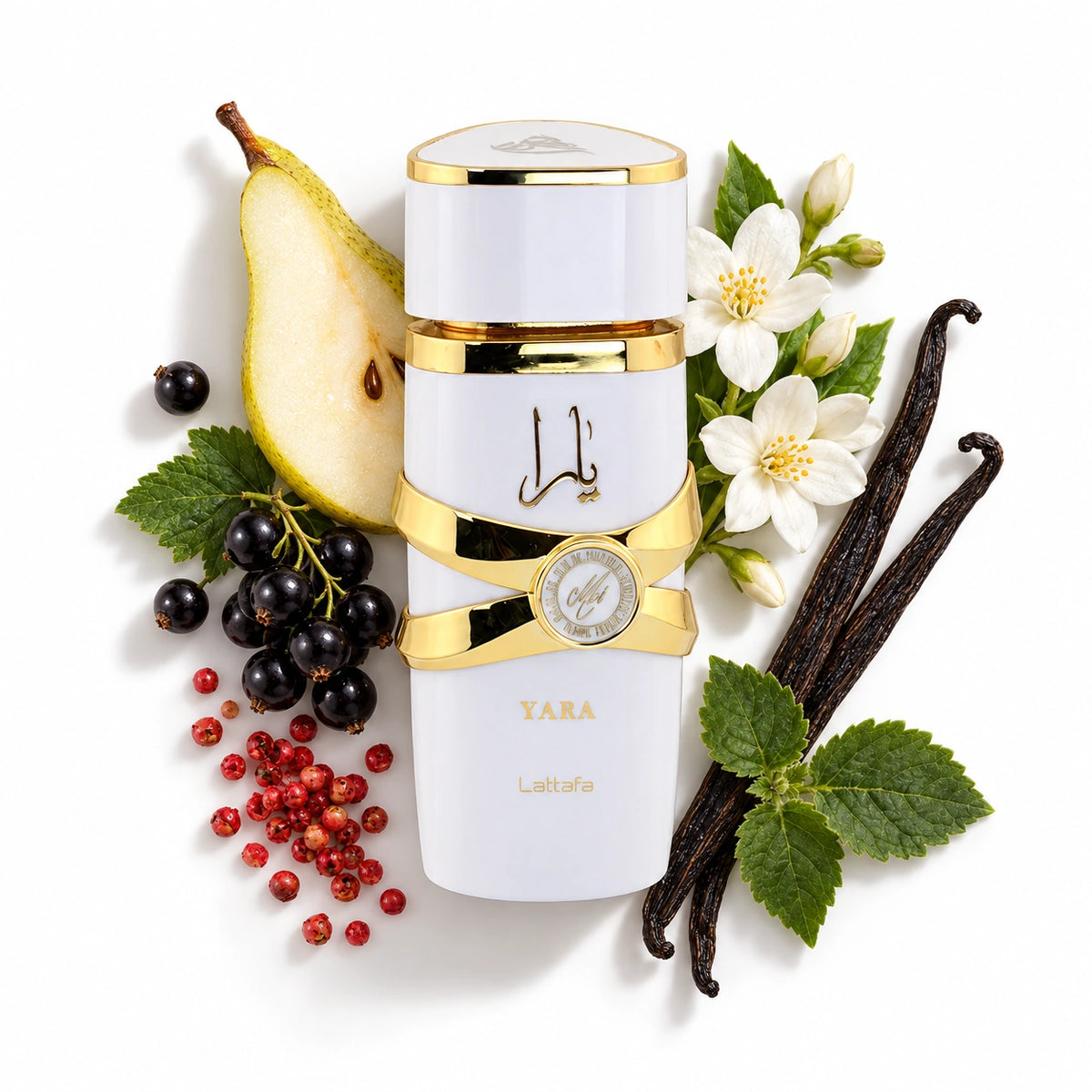 Lattafa Yara Moi 100ml bottle with pear, pink pepper, black currant, jasmine, vanilla and patchouli