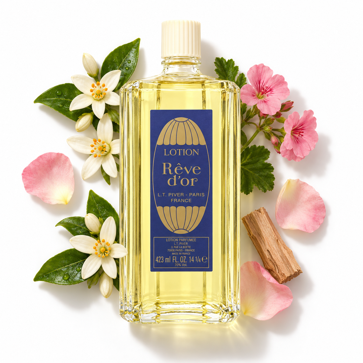 L.T. Piver Rêve d'Or Perfumed Lotion 423ml bottle with orange blossom, geranium, rose petals and sandalwood