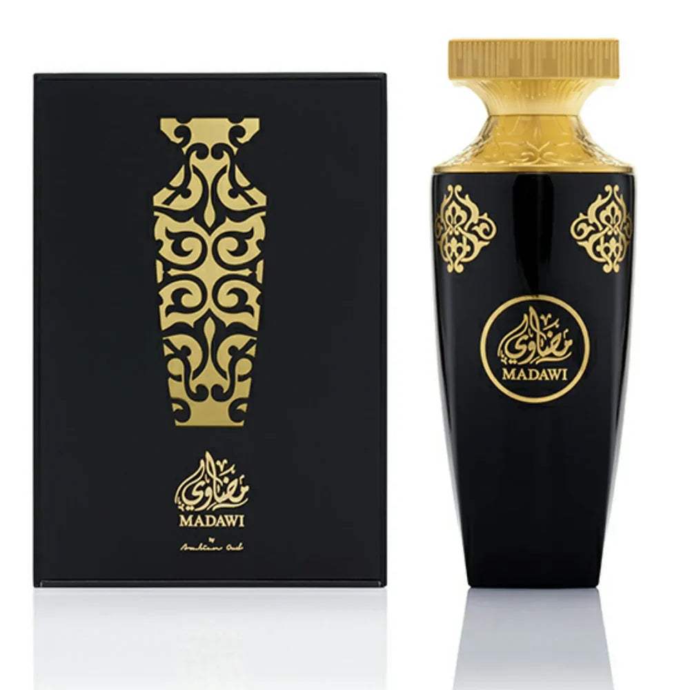 Black perfume bottle with gold Islamic patterns and matching elegant packaging