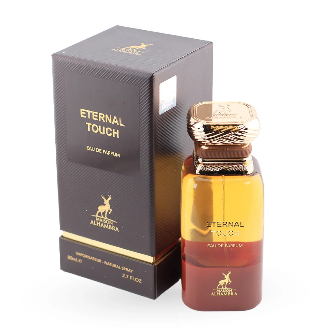 Maison Alhambra Eternal Touch Eau de Parfum bottle with its box – unisex perfume, notes of cocoa, tobacco blossom and tobacco leaf