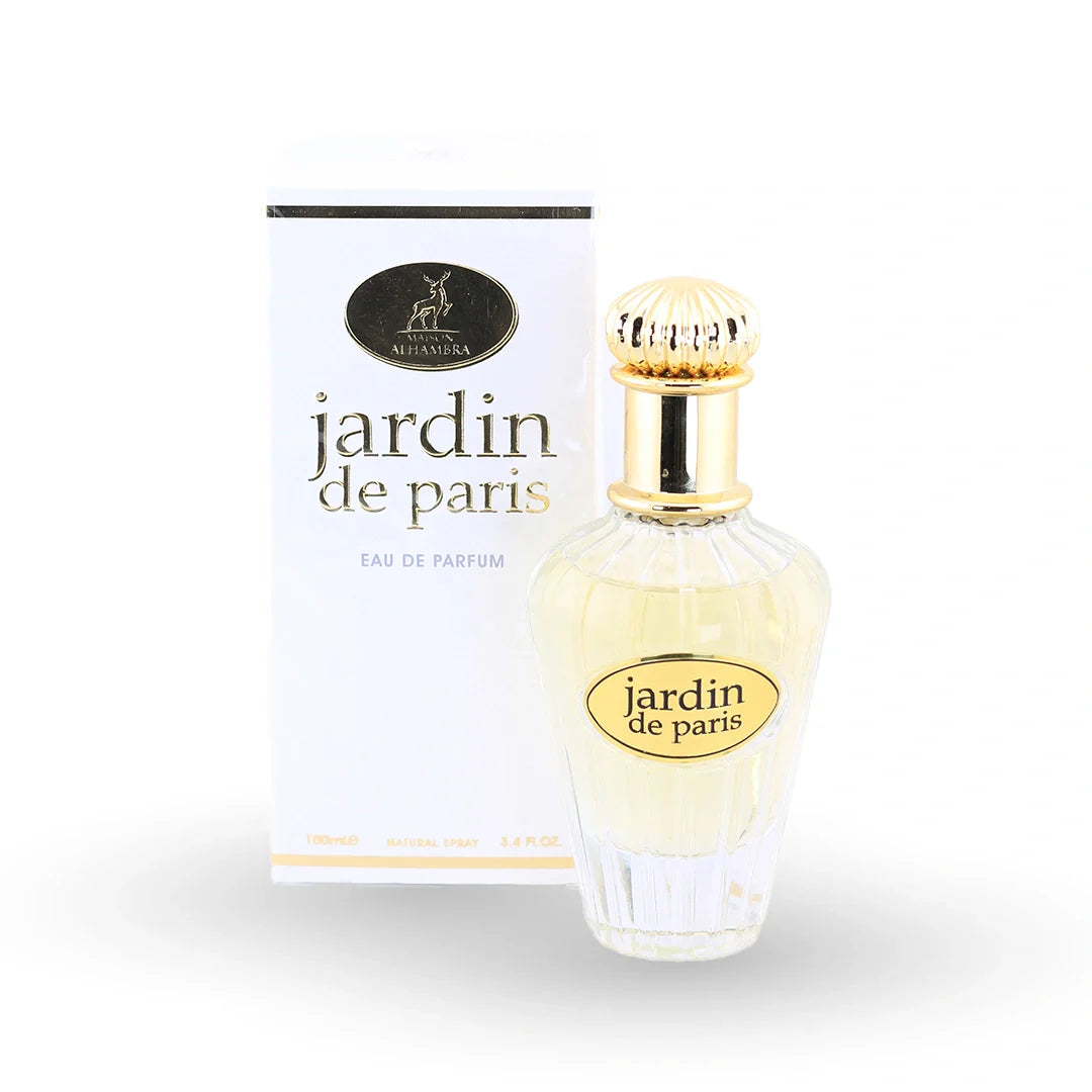 Maison Alhambra Fragrance Couture Jardin de Paris Eau de Parfum 100ml bottle with its box – women's fruity floral perfume, notes of tuberose, vanilla and peach