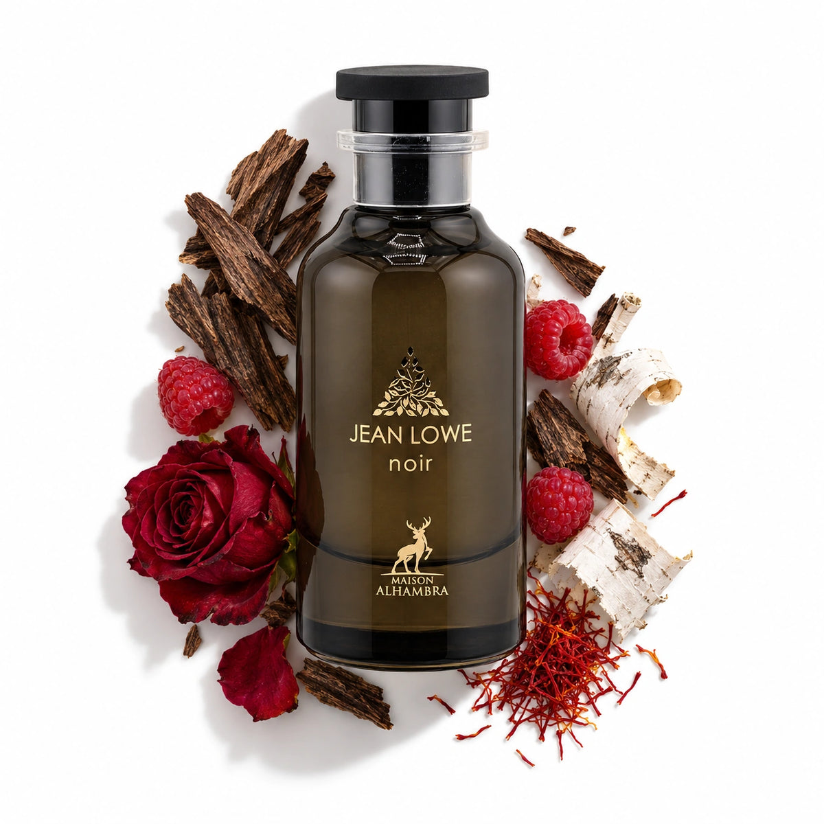 Maison Alhambra Jean Lowe Noir 100ml bottle with oud, rose, raspberry, saffron and birch