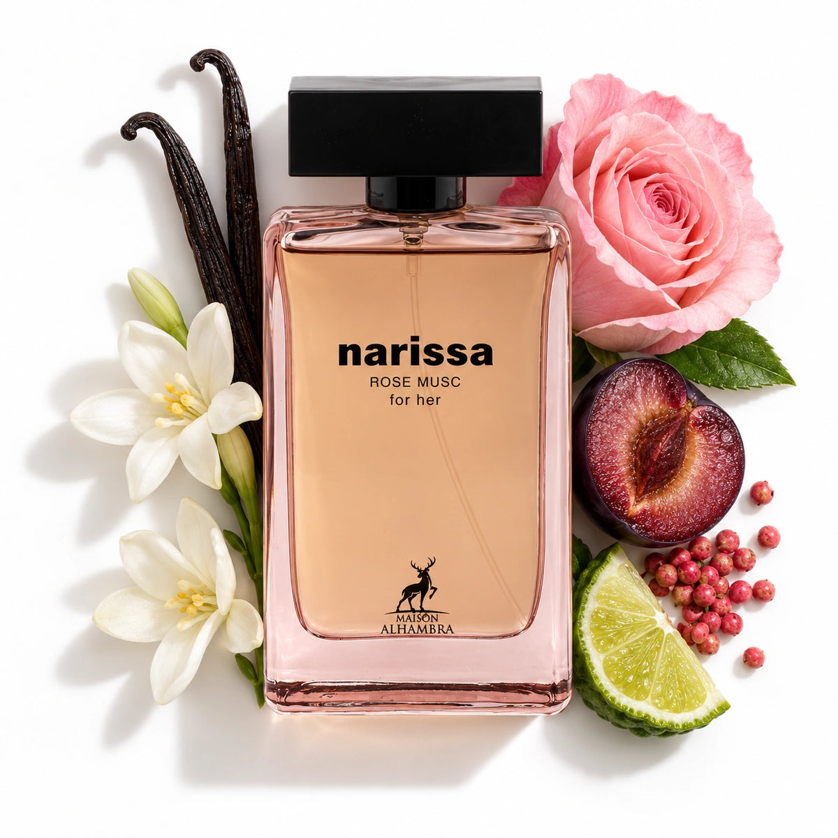 Maison Alhambra Narissa Rose Musc 100ml bottle with plum, pink pepper, bergamot, rose, tuberose and vanilla