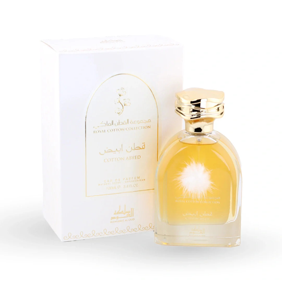 Mamlakat Al Oud Cotton Abyed Eau de Parfum 100ml bottle with its box – unisex perfume, notes of praline, coconut and plum