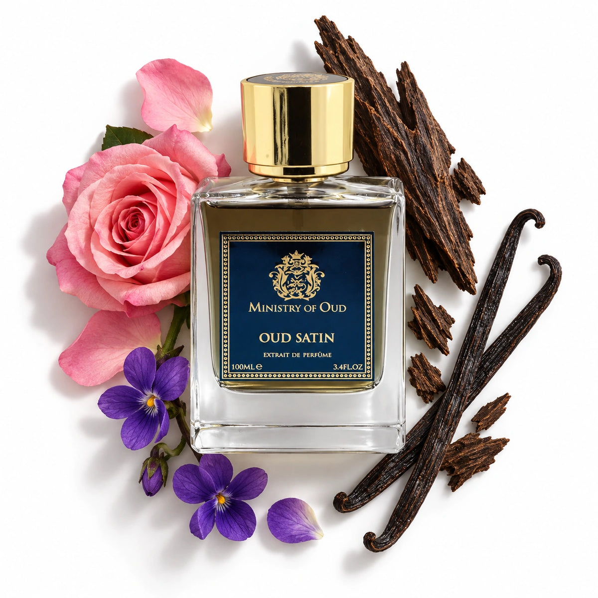 Ministry of Oud Oud Satin 100ml bottle with agarwood, rose, violet and vanilla