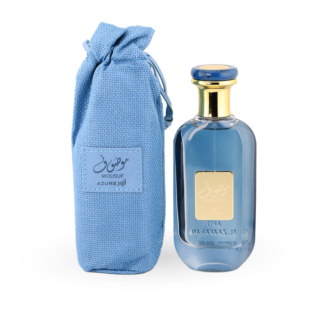 Mousuf Azure Eau de Parfum 100ml bottle with its fabric pouch – unisex perfume, notes of musk, amber and cardamom
