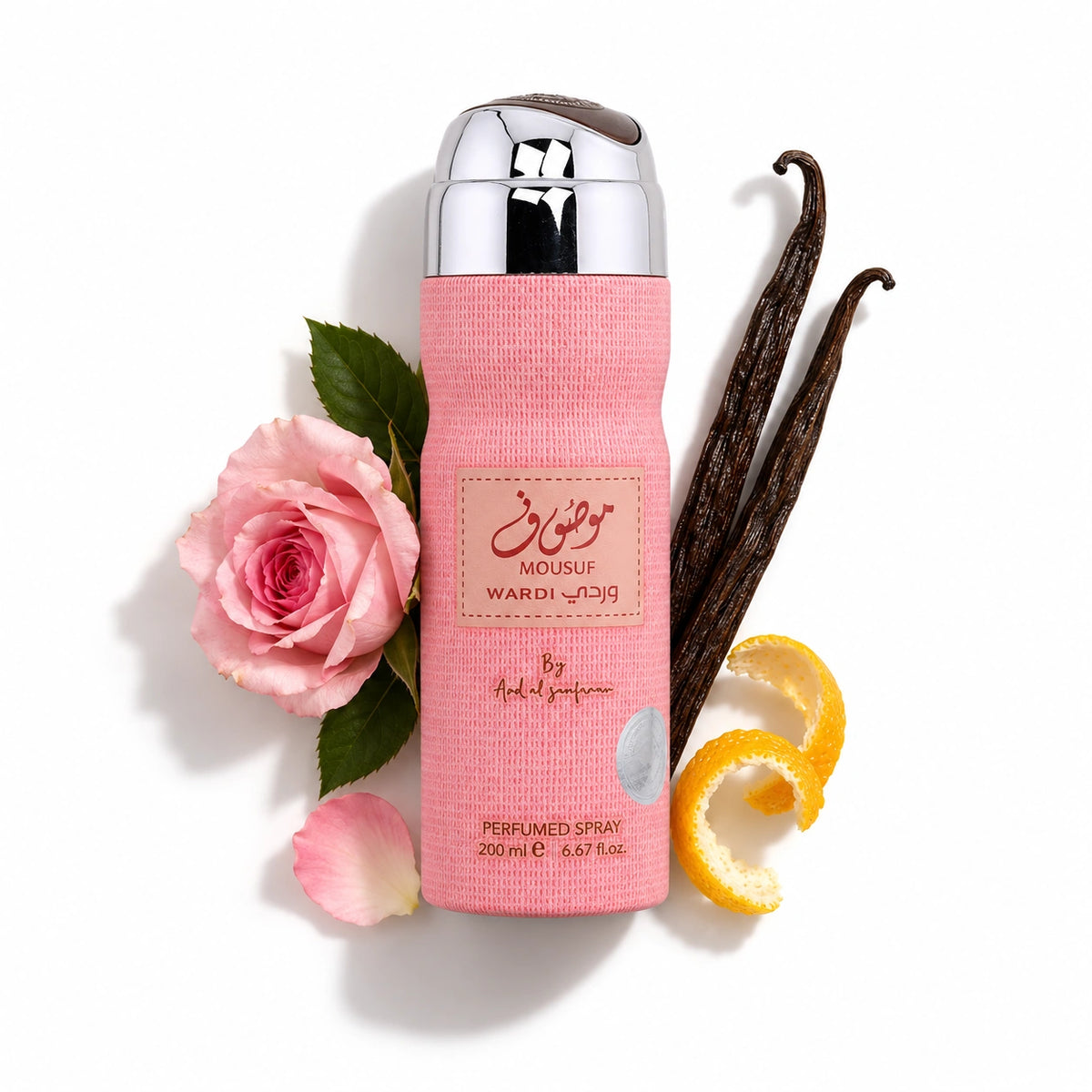 Mousuf Wardi Body Spray bottle with rose, vanilla and citrus