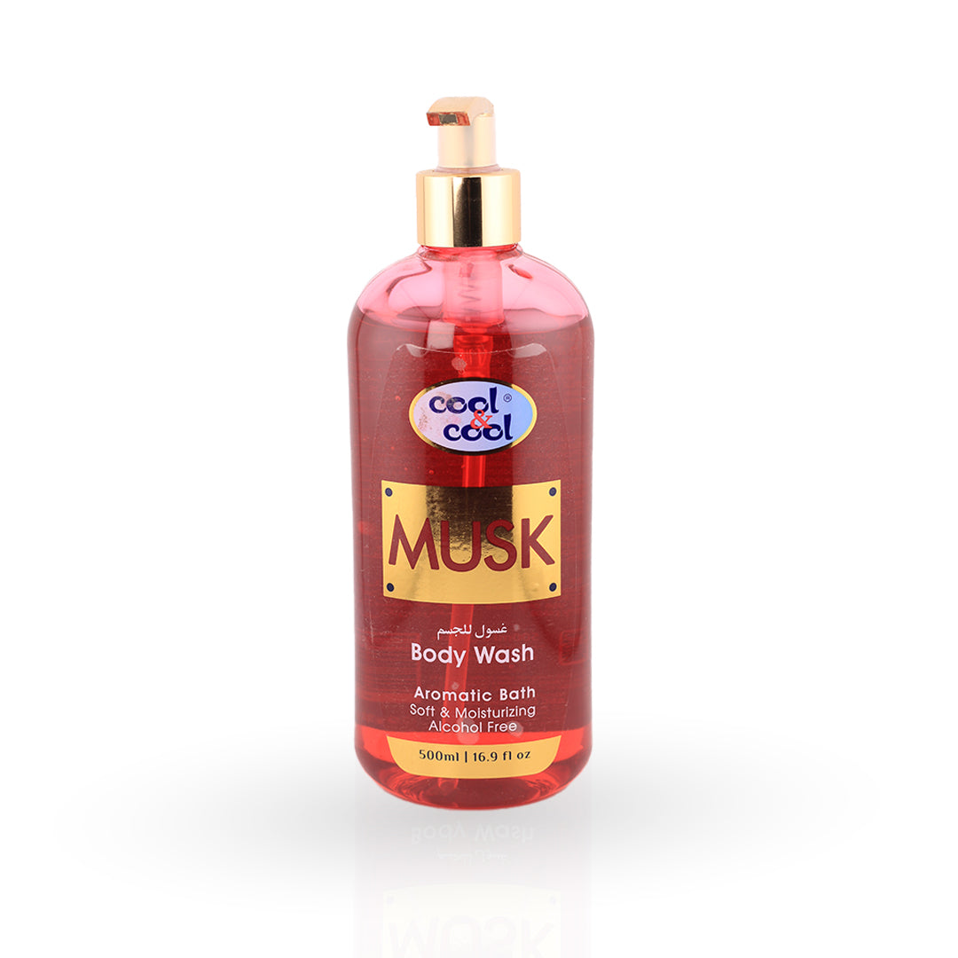 Bottle of Musk body wash with pump on a white background
