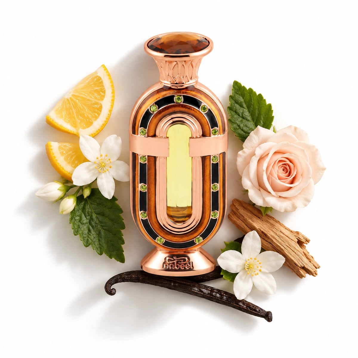 Nabeel Al Ghadeer Concentrated Perfume Oil 20ml bottle with lemon, orange, jasmine, rose, patchouli, sandalwood and vanilla