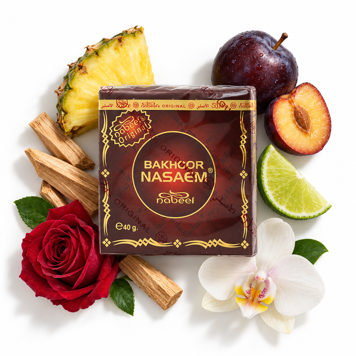 Nabeel Nasaem bakhoor 40g sealed package with pineapple, plum, lime, rose, orchid and sandalwood scent-note props.
