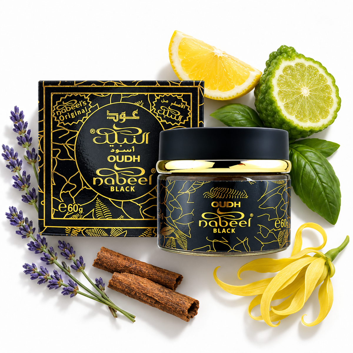 Nabeel Oudh Black bakhoor 60g jar and box in a white flatlay with lemon, bergamot, basil, lavender, cinnamon and ylang-ylang fragrance-note props