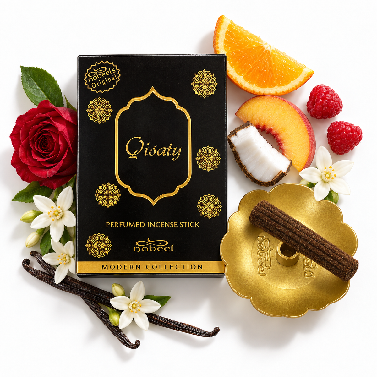 Nabeel Qisaty Incense Sticks 50g with holder, orange, peach, raspberry, coconut, rose and vanilla scent-note props