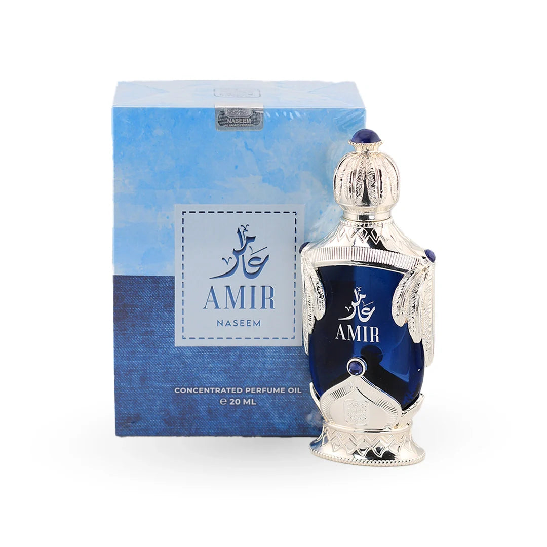 Naseem Amir Perfume Oil 20ml bottle with its box – men's aromatic fresh attar, notes of vetiver, sandalwood and bergamot