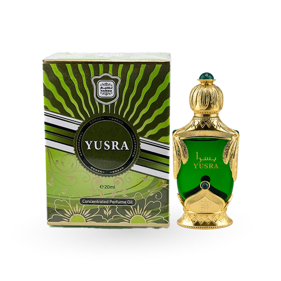 Naseem Yusra Perfume Oil 20ml bottle with its box – unisex attar, notes of vetiver, orange and sandalwood