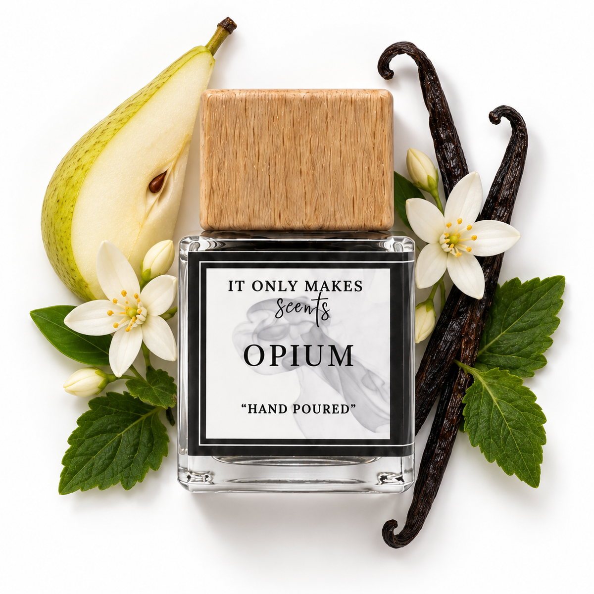 Nescentcity Opium car diffuser on white with verified fragrance-note accents.