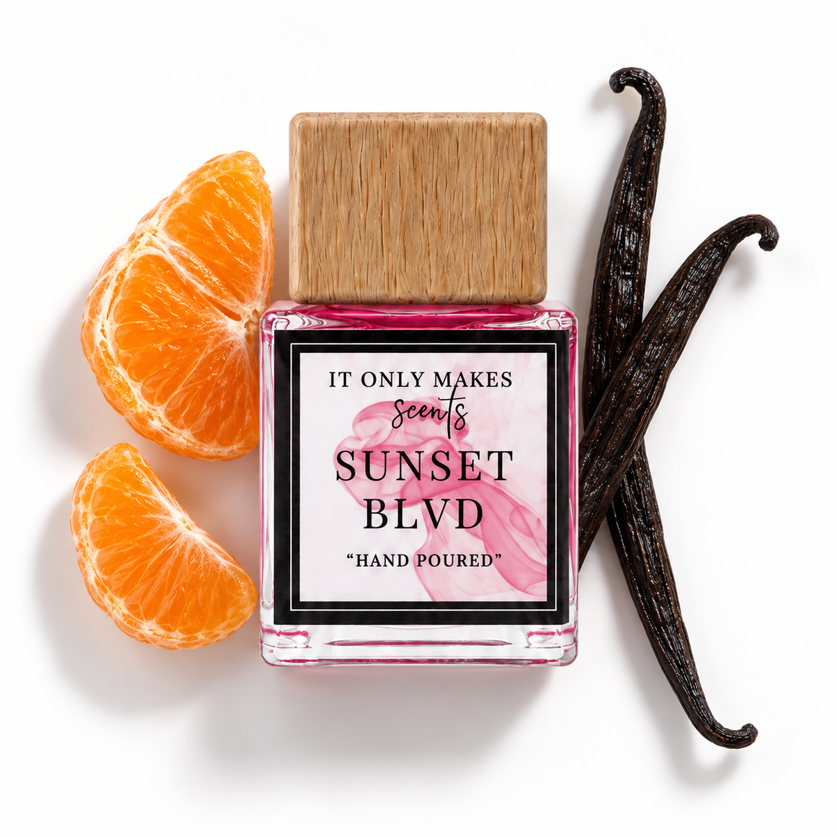 Nescentcity Sunset Blvd car diffuser on white with verified fragrance-note accents.