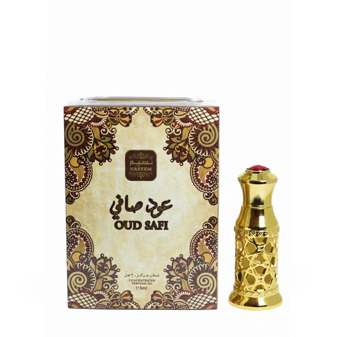Gold perfume bottle with decorative packaging on a white background