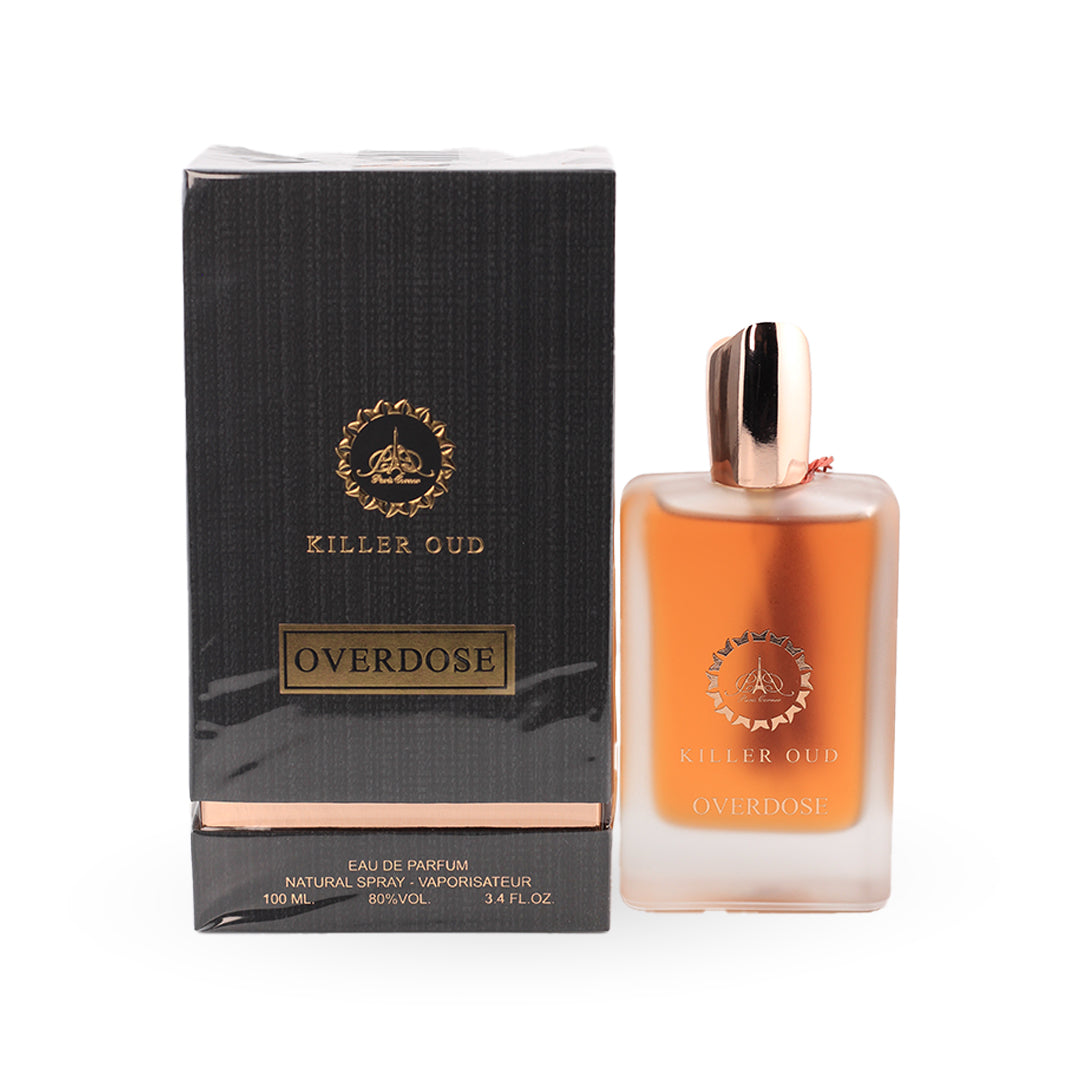 Perfume bottle and packaging of 'Killer Oud Overdose' on a white background
