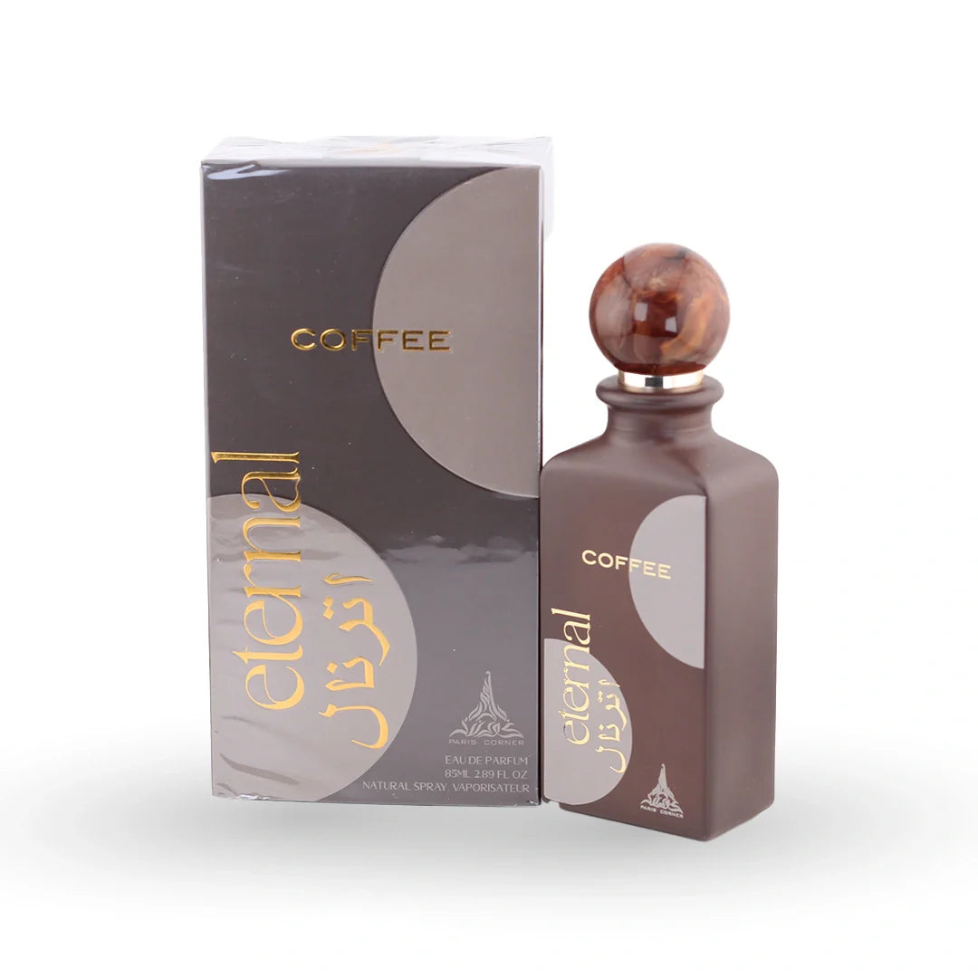 Paris Corner Eternal Coffee Eau de Parfum 85ml bottle with its box – unisex musky perfume, notes of heliotrope, tonka bean and musk