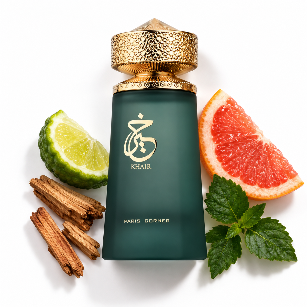 Paris Corner Khair 100ml perfume bottle on white with bergamot, grapefruit, cedarwood, patchouli fragrance-note props