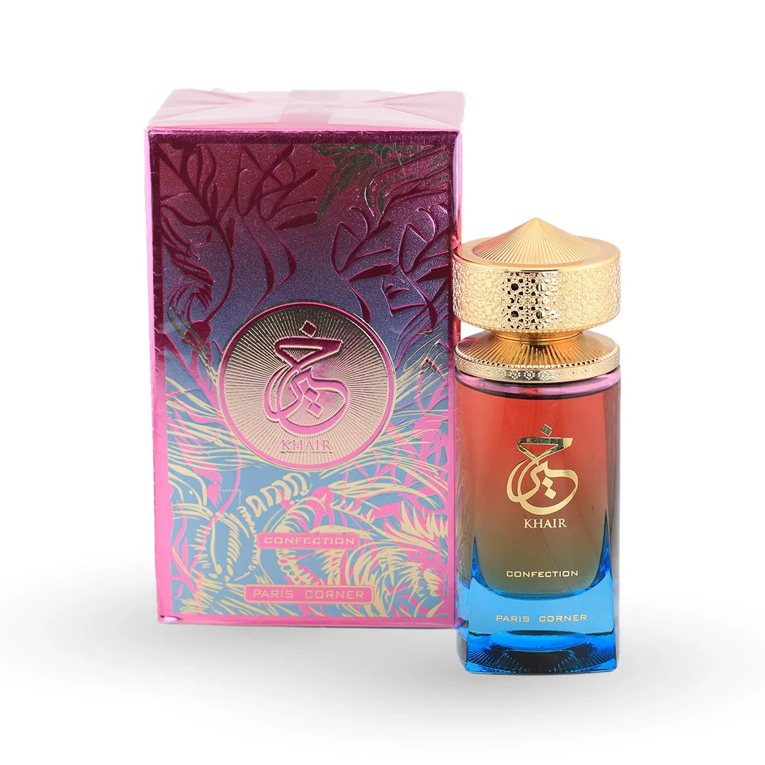 Paris Corner Khair Confection Eau de Parfum 100ml bottle with its box – women's floral gourmand perfume, notes of vanilla, pear and marshmallow
