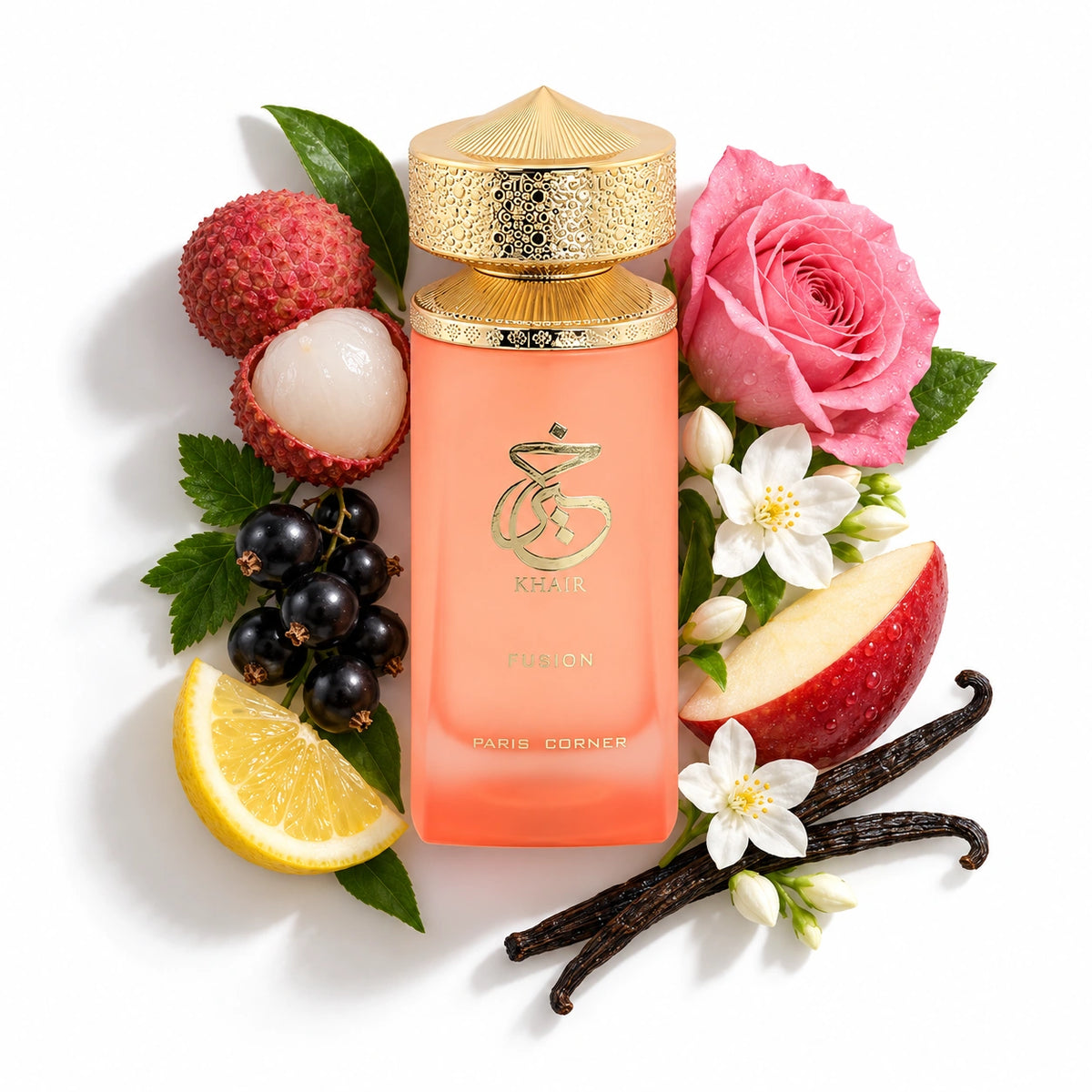 Paris Corner Khair Fusion 100ml bottle with lychee, red apple, black currant, lemon, jasmine, rose and vanilla