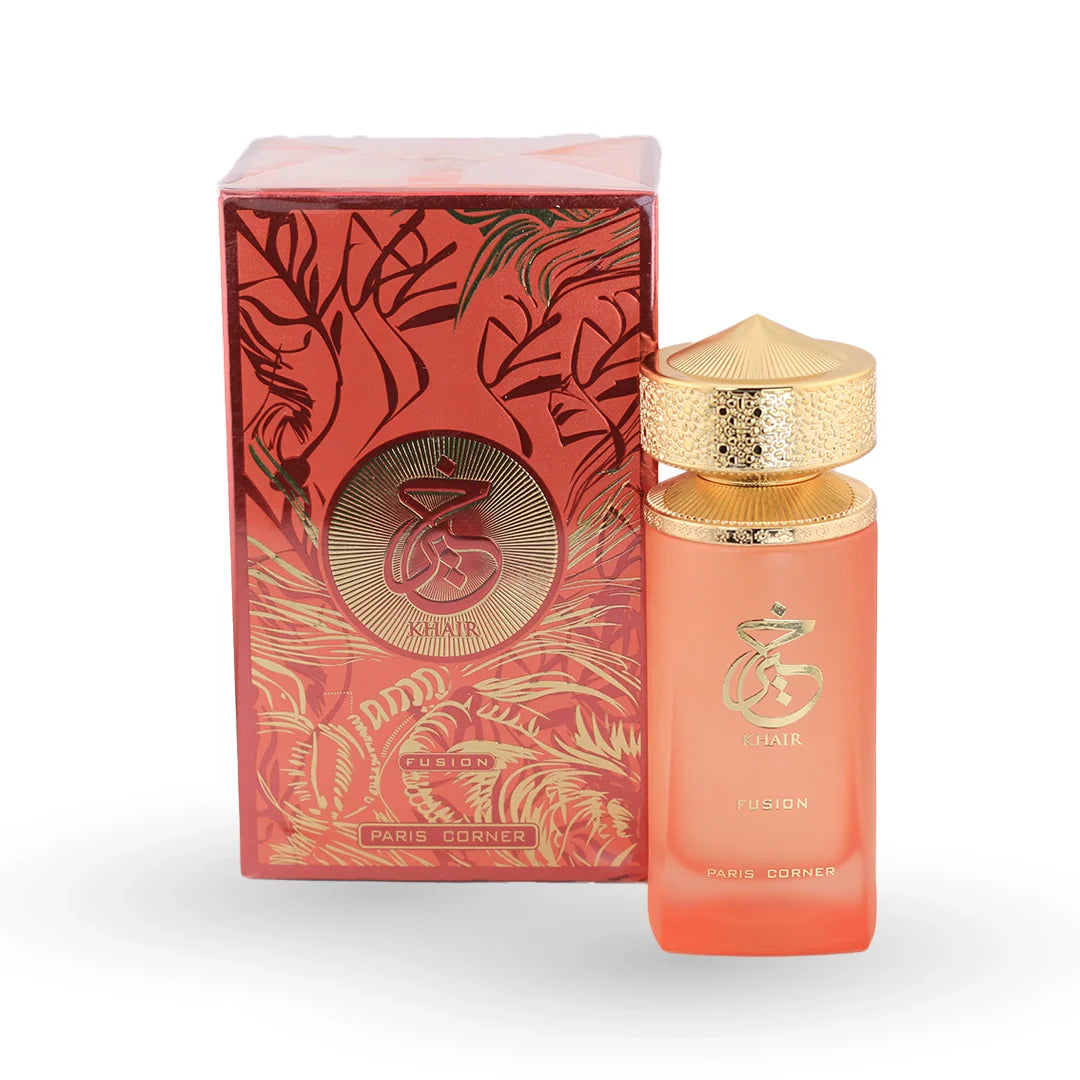 Paris Corner Khair Fusion Eau de Parfum 100ml bottle with its box – unisex perfume, notes of pansy, sandalwood and Italian lemon