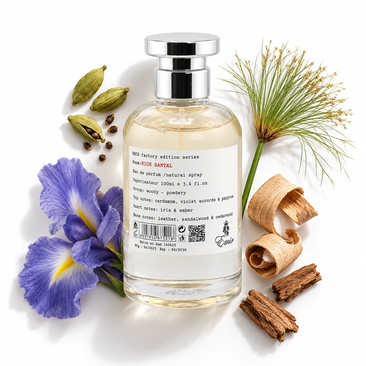 Paris Corner Rich Santal Emir Factory Edition 100ml bottle with cardamom, papyrus, iris, sandalwood and cedarwood