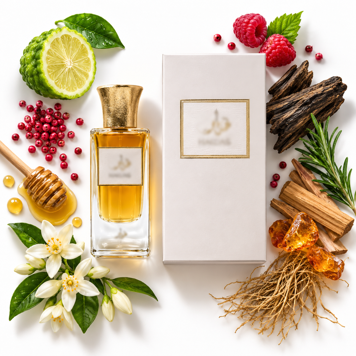 Khadlaj Qarar Extrait de Parfum 60ml bottle on white with fragrance notes