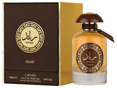 Ra'ed Oud perfume bottle by Lattafa with golden packaging