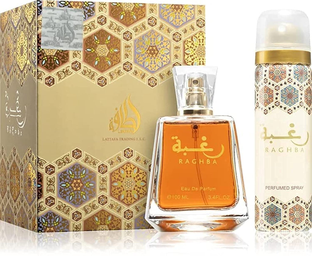 Raghba Gift Set (Eau de Parfum 100ml + Perfumed Body Spray) by Lattafa - Sara Sakina