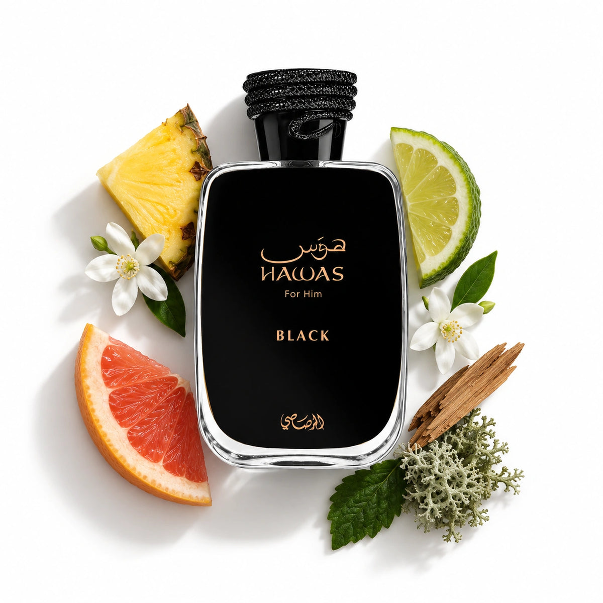 Rasasi Hawas Black 100ml bottle with bergamot, pineapple, grapefruit, patchouli, cedarwood, jasmine and oakmoss