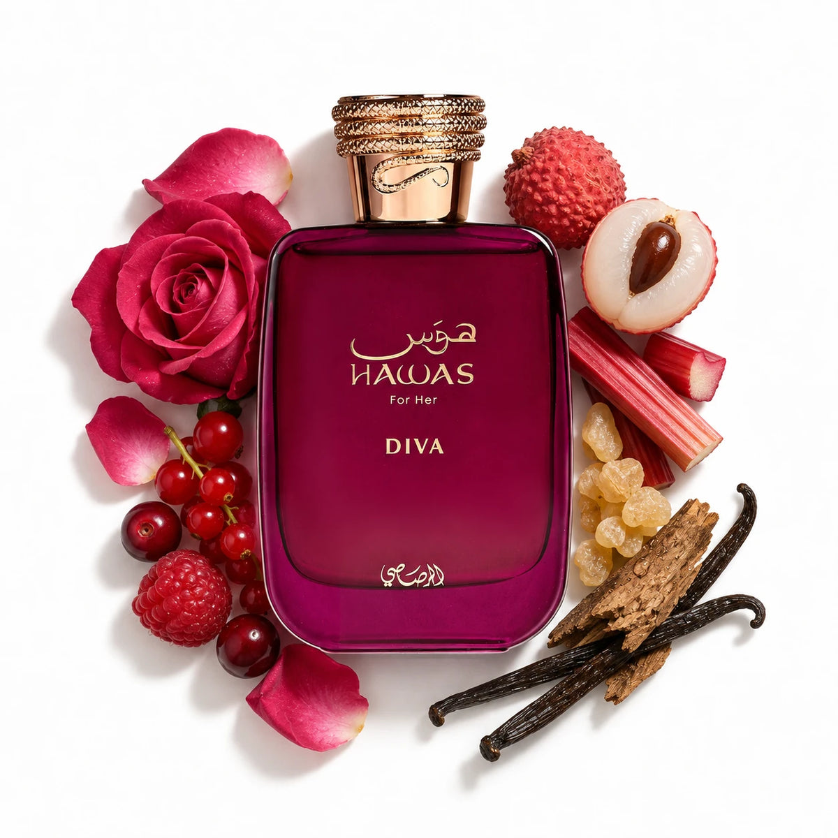 Rasasi Hawas Diva 100ml bottle with red fruits, lychee, rhubarb, rose, frankincense, cedarwood and vanilla pods